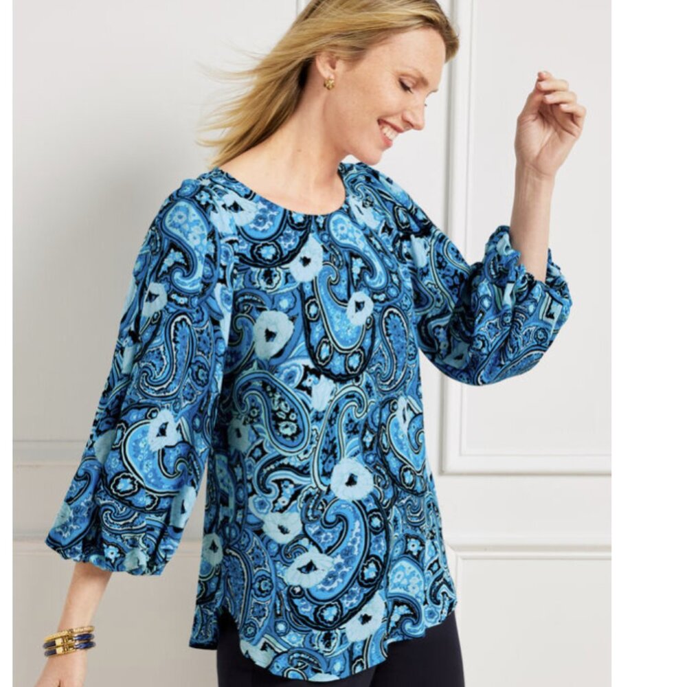 Talbots Top size 2X Blue Paisley Abstract Elegant Artsy Keyhole Back Office Work